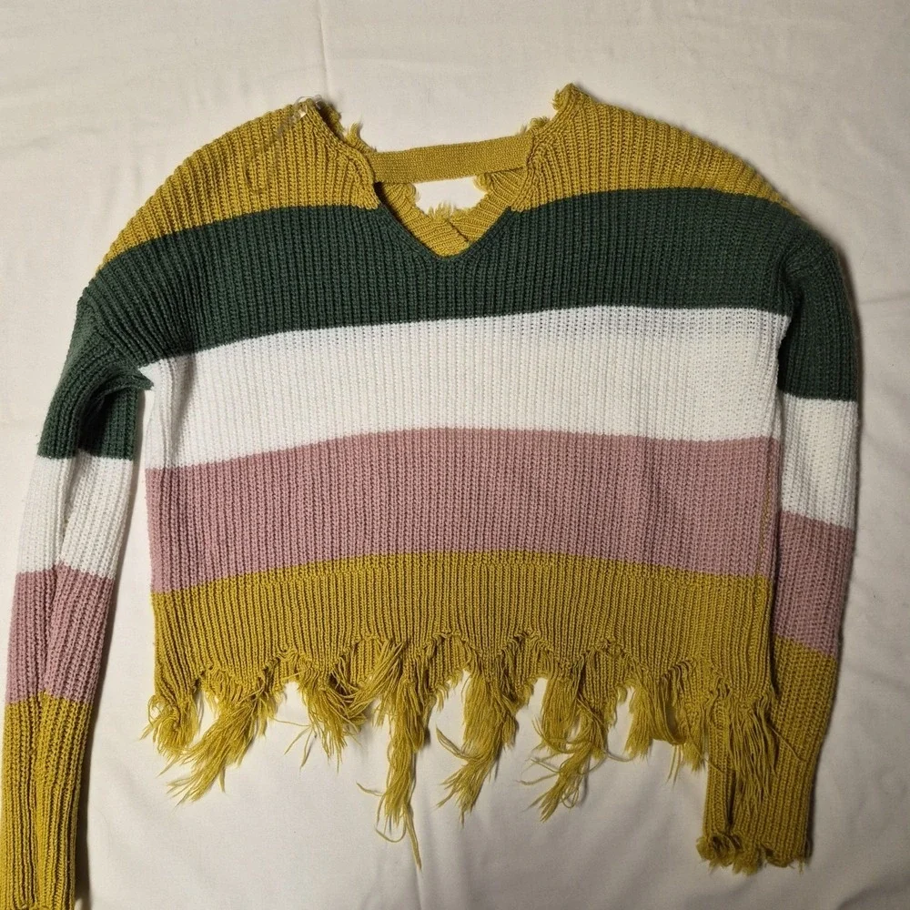 Full Circle Trends Womens Medium Distressed Striped Shaker Knit Sweater‎ Mustard